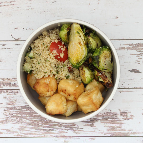 Try our quinoa bowl with tofu and brussels sprouts.